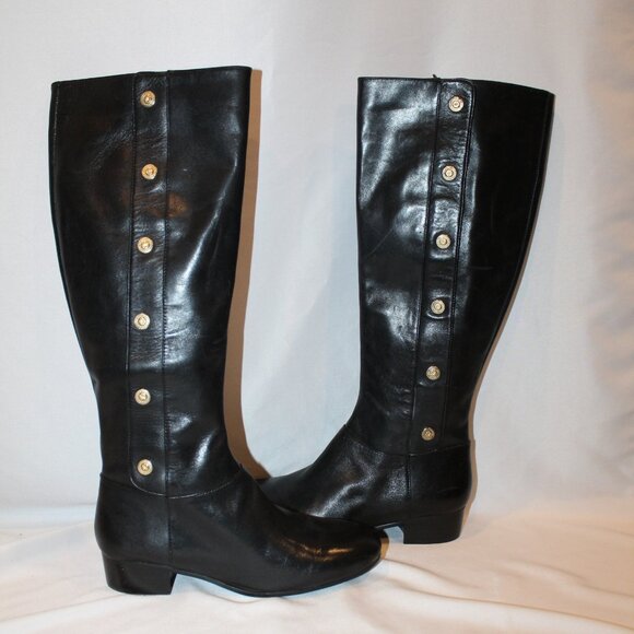 NEW NINE WEST‎ $170 TALL CREYAN LEATHER GOLD ACCENT BLACK BOOTS SZ 6.5 - Picture 2 of 6